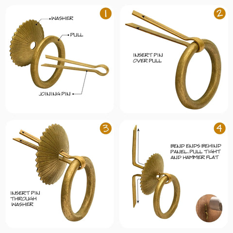 Installation diagram for Solid Brass Ring Pulls Set Of 2 For Drawers And Cabinets, 2.4 Inch Overall With Ring Pull 1.7 Inch Wide
