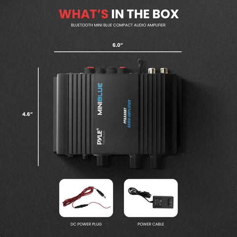 Contents of Wireless Bluetooth Home Audio Amp With 90W Dual Channel Power, featuring amp unit, power plugs, and cables.