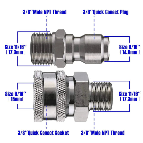 Pro Grade High Pressure Washer Ball Valve Kit With Three Eighths Inch Quick Connect For Power Washer Hose, Steel Construction, 4500 PSI Max, Easy To Connect To Gun Nozzle And Hose, Durable Quick Connect Plug For Smooth Leak Free Operation showing connectors and threads.