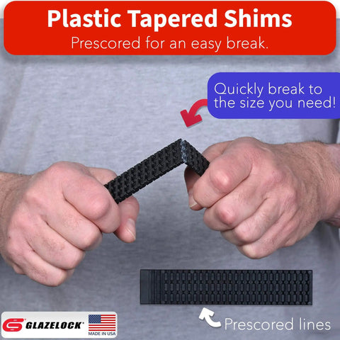 Person snapping Prescored Plastic Shims For Leveling 12 Pack Quick Snap Wedges To Level Doors Windows Cabinets Toilet Shims