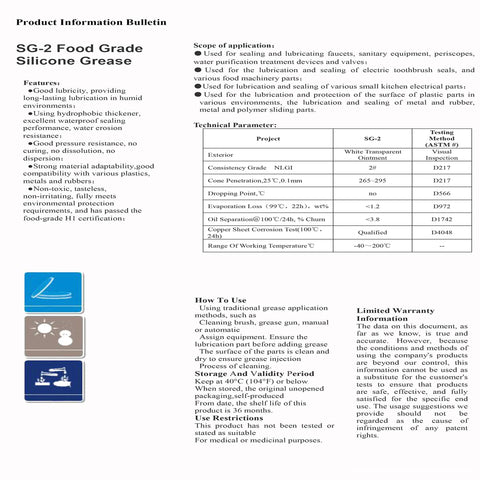 Product Information Sheet for SG-2 Food Grade Silicone Grease by Amazon; two 10 g tubes with usage icons on left.