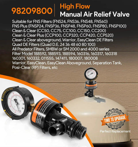 High Flow manual air relief valve with top-mount pressure gauge for pool and spa filters, black body