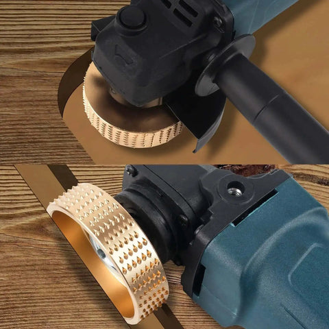 Close-up of All In One Wood Carving Disc Set For Angle Grinders By Pomsare attached to an angle grinder on wood surface.