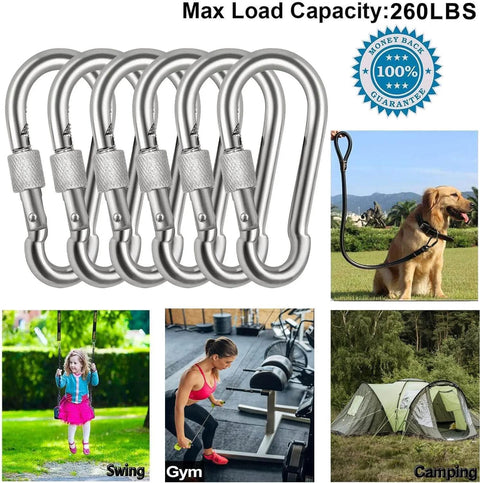 12 Pack Locking Carabiner Clips Tough As Nails Two Point Three Six Inch Heavy Duty Stainless Steel 304 Thumb Screw Gate Snap Hooks For Trail Gear And Everyday Carry Weatherproof Corrosion Resistant Rust Proof shown with various uses.