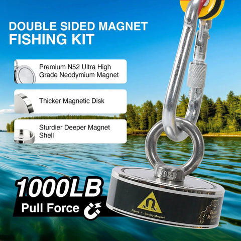 Double Sided Magnet Fishing Kit With 1000LB Pull Neodymium N52 Magnets And Case shown with magnet on a lake backdrop