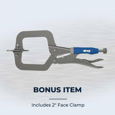 Pocket Hole Jig 320 With Classic Two Inch Face Clamp For Tight Spaces, shown as a sturdy metal clamp.