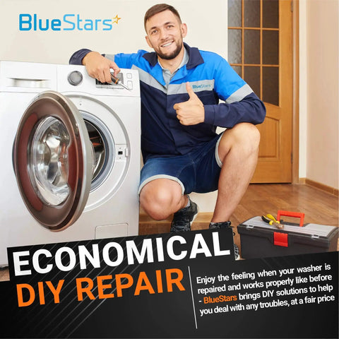 Front-loading washing machine with door open; BlueStars technician in blue uniform kneels beside it, giving a thumbs up.