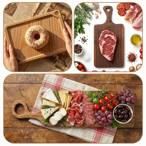Wooden charcuterie board with handle, displaying a donut, steak, and assorted meats and cheeses for serving.