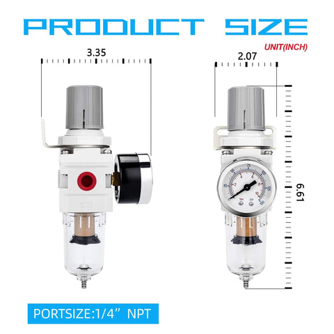NANPU 1/4in NPT air filter regulator combo with brass 5 micron element, poly bowl, gauge, metal bracket, dual view.