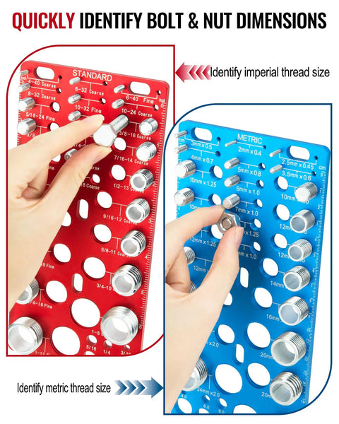 Close-up view of the All In One Nut And Bolt Thread Checker Kit With 62 Pieces, featuring standard and metric thread gauges.