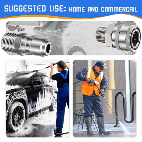 3/8 Inch Pressure Washer Quick Connect Fittings Set Stainless Steel 5000 PSI Male And Female Thread Adapters For Home And Commercial Use Heavy Duty Leak Proof Pro Grade Build Universal Quick Connect Couplers 4 Pack in use for car and pavement cleaning