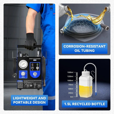 Front view of Amazon automatic brake bleeder kit with gauge, hoses, and portable design; includes 1L waste oil bottle.