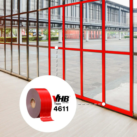 VHB double-sided acrylic foam tape 4611 dark gray installed on glass panel for high-temp structural mounting adhesive, 9-roll case.