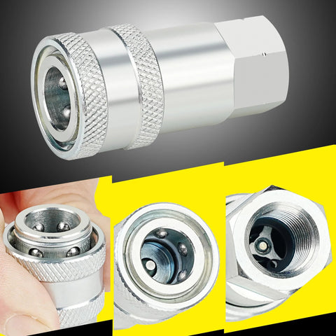ANCIMOON 1/4'' ISO 5675 poppet Pioneer hydraulic quick-connect coupler with dust caps, silver metal, Amazon brand