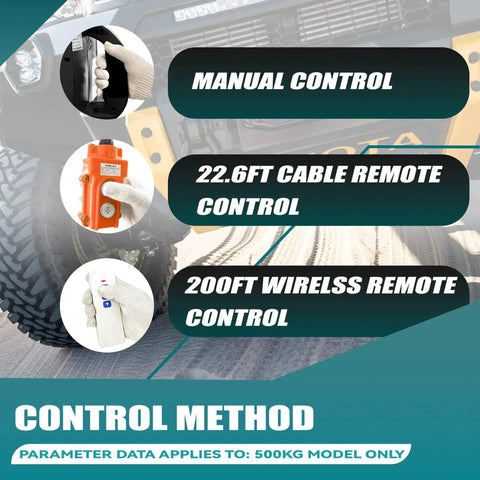 Three control methods for 3 In 1 Electric Hoist Winch 1500W 120V 1500 Lb Capacity With Manual Wired Remote.