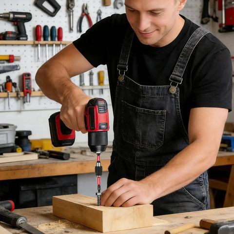 Man using drill with 23-Piece Magnetic Hex Bit Set and Impact Bit Holder on wood project in workshop