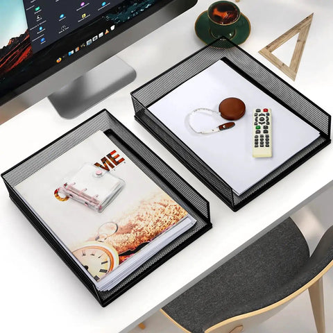 Two Pack Wire Mesh Letter Trays For Desk, stackable paper organizer on office table, ideal for sorting documents and small items.