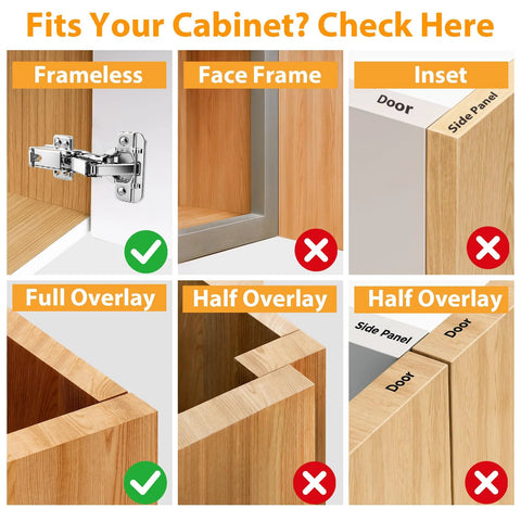TamBee 175° concealed cabinet hinges, 48mm, nickel-plated steel, soft-close; collage of frameless, face frame, inset.