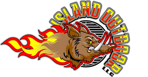 Island Outdoor logo featuring a flaming brown boar head and yellow-red flames