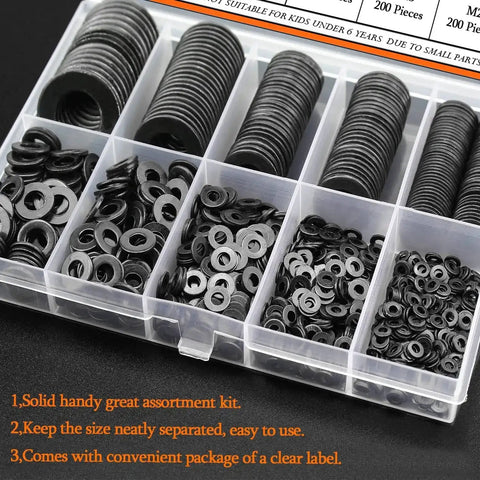 900 Piece Black Zinc Flat Washers Assorted Kit With Lock Metal Washers In Durable Plastic Case Includes M2 M2.5 M3 M4 M5 M6 M8 M10 M12 For Electrical Projects And DIY Gear
