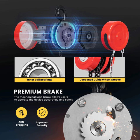 Diagram showing inner mechanisms of Hand Chain Hoist 1 Ton 2000 Lb Capacity 10 Ft Lift with 2 Heavy Duty Hooks, highlighting bearings and brake system.