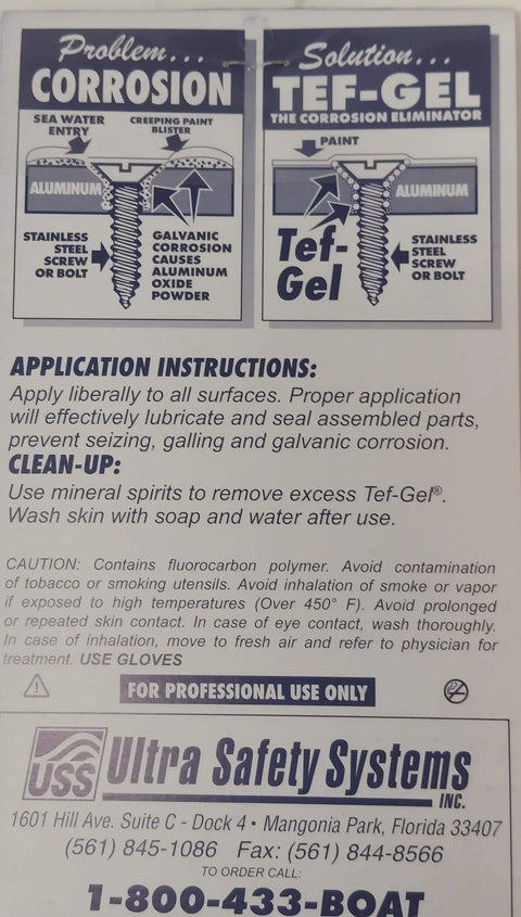 Application instructions for Tef-Gel 2 Oz Anti-Seize Lubricant With PTFE For Marine Hardware And Rigging, Prevents Seizing And Corrosion.