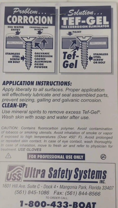 Instruction label for Tef Gel TG T Heavy Duty Corrosion Eliminator And Anti Seize Lubricant For Marine And Industrial Use Prevents Pitting And Galling While Providing Lasting Protection On Bolts Fasteners And Metal Surfaces 8 Lb And 1 Gallon Size Food Grade Certified.