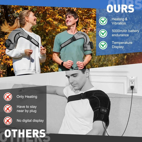 Two people wearing Cordless Shoulder Heating Pad With Heat And Vibration, no wires portable shoulder massager for pain relief.