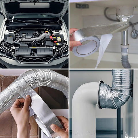 FIREWESS aluminum foil heat shield tape, 2 in x 66 ft, silver, automotive engine bay heat protection

FIREWESS aluminum foil heat shield tape being applied to a plumbing pipe under sink; silver

Hands apply FIREWESS foil heat shield tape around a curved duct; silver, high-temp insulation

Foil tape securing a metal vent/duct joint with FIREWESS heat shield tape; silver, high-temp