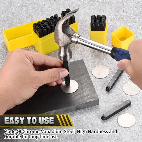 Using 36-Piece Metal Stamping Kit For DIY Projects And Jewelry Making With One Quarter Inch Stamps on metal with hammer.