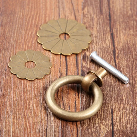 Vintage Style Brass Ring Pulls For Cabinets And Drawers, Round Cabinet Knobs And Drawer Handles For Dresser Kitchen Cupboard And Closet Doors, Antique Brass Finish With Screws, Durable Solid Brass Hardware