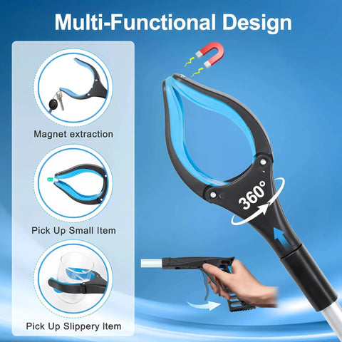 Extra Long 32 Inch Foldable Reacher Tool With 360 Degree Rotating Jaw for picking up small and slippery items, magnet tip visible
