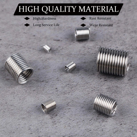 Heavy Duty Pro Grade Wire Thread Repair Inserts Kit 304 Stainless Steel Assortment M3 Through M12 Helicoil Style Thread Repair Set 140Pcs Deep Threads Corrosion Resistant Ideal For Metal Fasteners And Restoring Damaged Threads showcased on granite surface highlighting rust resistance and durability.