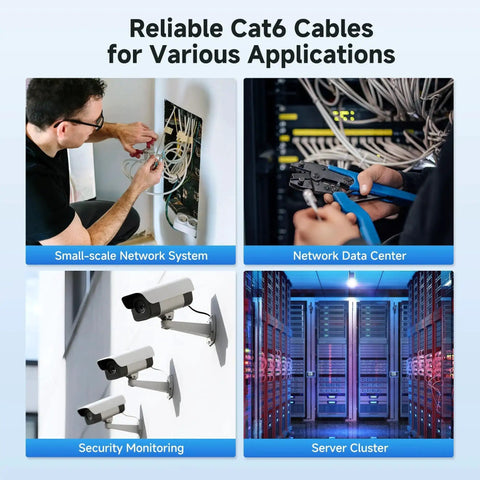Reliable Cat6 cables for various applications in home and office settings, including network systems and server clusters.