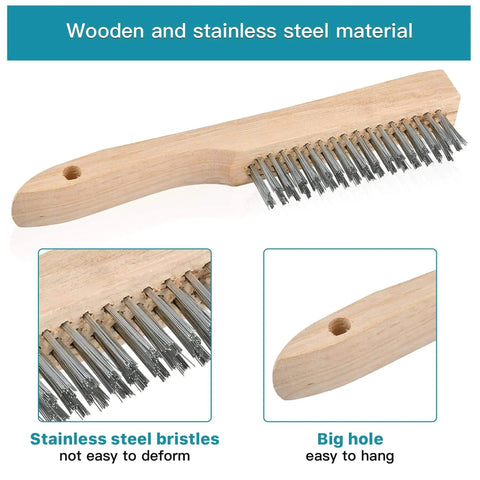 Close-up of wire brush from 4-Piece Welding Slag Removal Tool Set with wooden handle and stainless steel bristles.