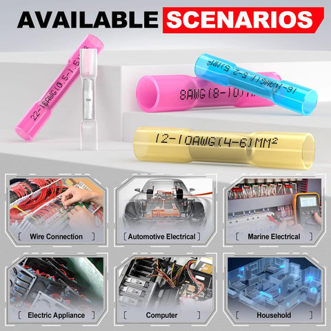 Heat shrink butt connectors, insulated marine-grade splices for 22-16 AWG, 100 pcs in red blue and yellow