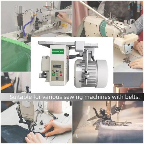 Industrial Brushless Sewing Machine Motor 110V 750W 1HP with pure copper coils shown in various sewing machine setups