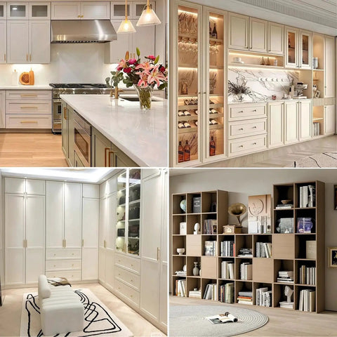 Luxurious kitchen, closet, and bookshelf showcasing versatility of 120 Pcs Shelf Pins Kit With Four Styles Nickel Plated Shelf Support Pegs