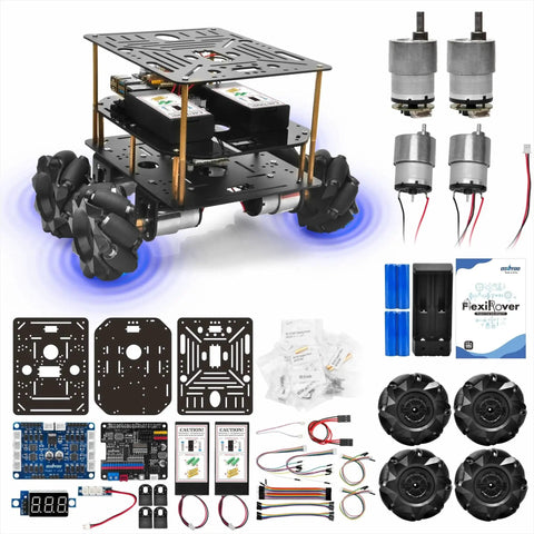 FlexiRover Robot Car Kit For Raspberry Pi With 520 Motors With Encoders, Mecanum Wheels, and Servo Support components displayed