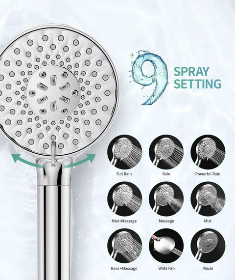 Filtered Shower Head With Handheld High Pressure 9 Spray Modes Softener Beads showing spray settings and multiple spray modes.