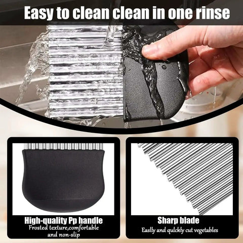 Crinkle Cutter For Veggies And Fries, Stainless Steel Wavy Slicer, French Fry Cutter For Potatoes Carrots Cucumbers And More, Durable Kitchen Gadget For Even Textured Slices And Easy Prep, Black being cleaned under running water in a sink, showing sharp blade and ergonomic handle.