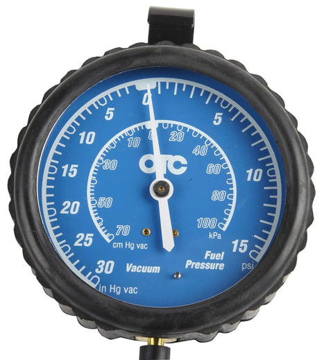 Dual-read gauge of Vacuum And Pressure Gauge Kit For Low Pressure Fuel Systems Diagnostics showing vacuum and pressure levels.