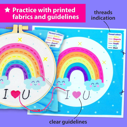 Beginner Embroidery Kit For Kids And Adults Noob Friendly Starter Set with rainbow pattern and colorful threads for DIY sewing