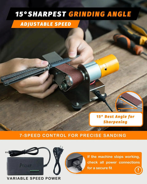 Mini Belt Sander Electric Small Sander For Knife Making And Woodworking 7 Adjustable Speed Belt Grinder in use on wooden table