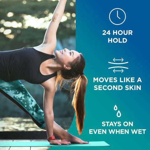 Woman doing yoga wearing Skin-Flex Adhesive Bandage with MotionMax Technology for flexible fit and lasting comfort, extra large.