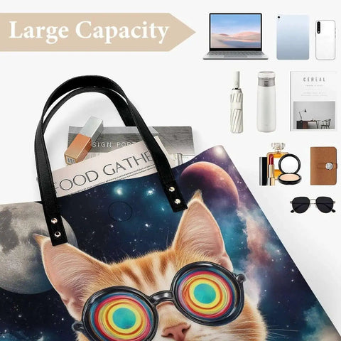 Colorful cat-themed Leather Tote Bag For Women With Magnetic Buckle Large Capacity Work Travel Shoulder Bag Durable Scratch Resistant Carryall For Laptop And Essentials Easy To Clean Everyday Bag For Shopping Or Commute.