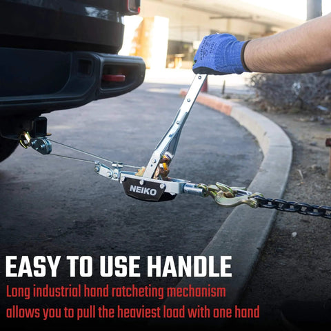 3 Ton Come Along Winch With 9.8 Ft Hand Cable And Dual Gear System attached to vehicle bumper