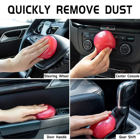 Car Cleaning Gel Detailing Putty For Auto Interiors And Grime Removal Dust Crumbs Pet Hair In Nooks And Crannies Easy To Use Rose Red 160g being used on a steering wheel and gear shift.