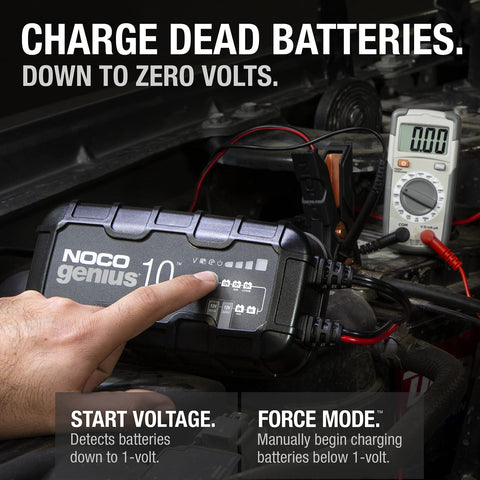 NOCO Genius10 features shown with a hand activating functions for charging batteries down to zero volts.