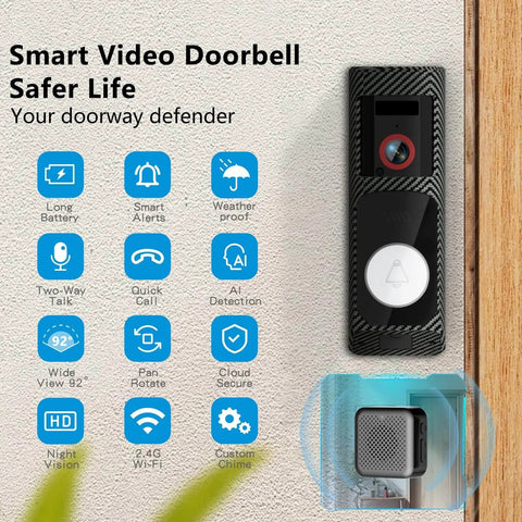 Wireless Video Doorbell With Chime And HD Camera, Long Battery Life, 92 Degree Wide View And Pan, AI Motion Detection, 2 Way Audio